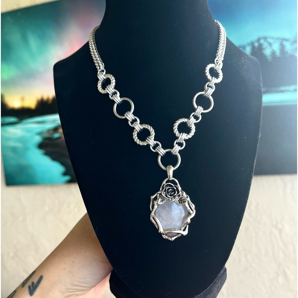 Stainless steel necklace double chain light pink rose quartz gemstone rose charm - Picture 5 of 9